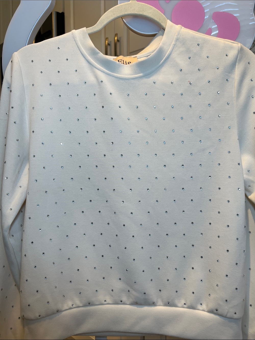 Girls' Embellished White Rhinestone Crewneck Sweatshirt -